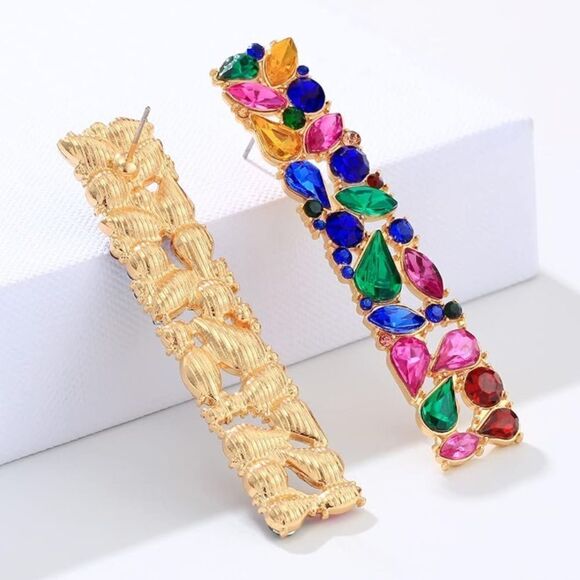 Yellow Gold with Multicolored Crystal Geometric Rectangle Post Back Earrings - Picture 3 of 6